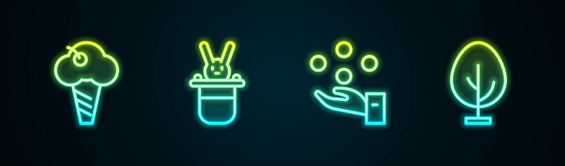Set line Ice cream in waffle cone, Magician hat and rabbit, Juggling ball and Tree. Glowing neon icon. Vector