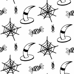 Vector halloween witch hat, candies, cobweb seamless pattern isolated on white background. Cute illustration for seasonal design, textile, decoration kids playroom or greeting card. Hand drawn doodle.