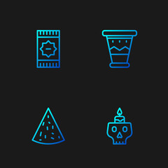 Set line Burning candle on a skull, Nachos, Mexican carpet and drum. Gradient color icons. Vector