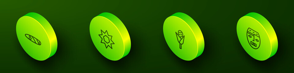 Set Isometric line Cigar, Sun, Corn and Aztec mask icon. Vector
