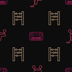 Set line Baby stroller, Abacus and Toy piano on seamless pattern. Vector