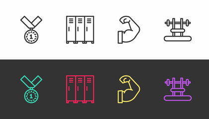 Set line Medal, Locker or changing room, Bodybuilder muscle and Bench with barbel on black and white. Vector