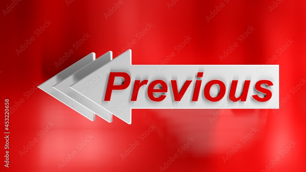 Poster white arrows with red write previous on red glossy background - 3d rendering illustration