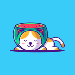 Fototapeta premium Cute Cat with Watermelon Costume Cartoon Vector Illustration. Animal Flat cartoon Style Concept