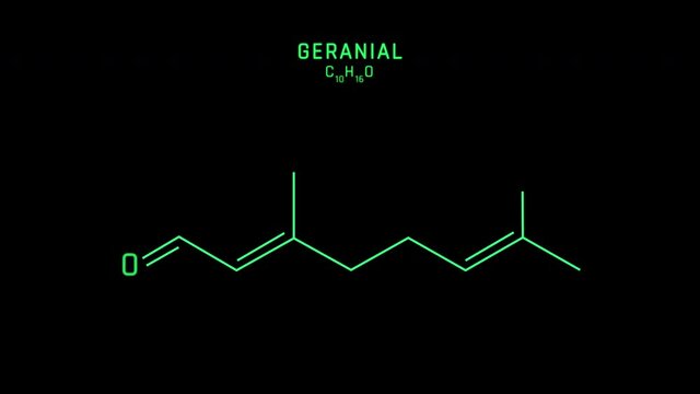 Citral a or Geranial Skeletal Formula or Molecular Structure Symbol Neon Animation on black background
