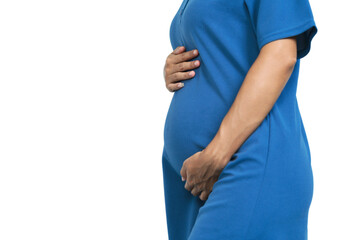 5 months pregnant woman holds hands on belly on a white background. Beautiful maternity pregnancy.