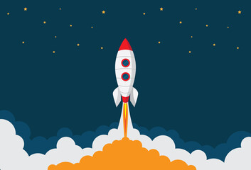 Fototapeta premium Rocket spaceship flying straight up to the space vector illustration. In the night sky go through the clouds.