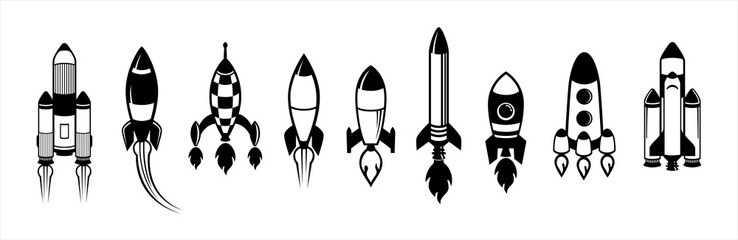 Rocket spaceship vector illustration set. Retro cartoon style graphic design