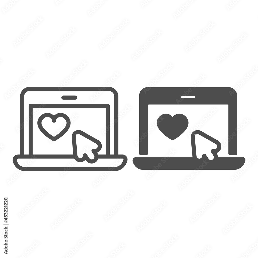 Poster laptop with heart and mouse pointer, online date line and solid icon, dating concept, internet vecto