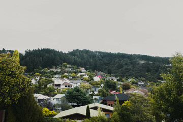 Elevated view of many residential houses in City of Upper Hutt in New Zealand. Concept of homes,...