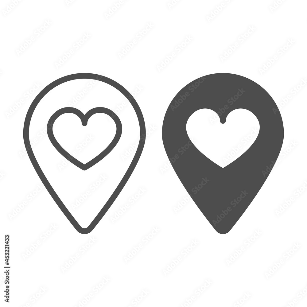 Poster location map pin with heart line and solid icon, dating concept, favourite place vector sign on whit