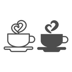 Cup of coffee on saucer and heart shaped steam line and solid icon, dating concept, mug, smoke vector sign on white background, outline style icon for mobile concept and web design. Vector graphics.