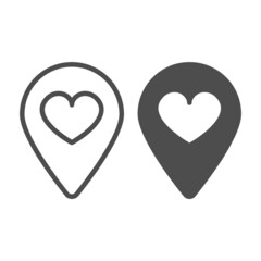 Location map pin with heart line and solid icon, dating concept, favourite place vector sign on white background, outline style icon for mobile concept and web design. Vector graphics.