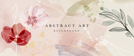 Flower watercolor art background vector. Wallpaper design with floral paint brush line art. leaves and flowers nature design for cover, wall art, invitation, fabric, poster, canvas print.