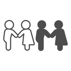 couple, man and woman in dress, hold hands, greet line and solid icon, dating concept, meeting vector sign on white background, outline style icon for mobile concept and web design. Vector graphics.