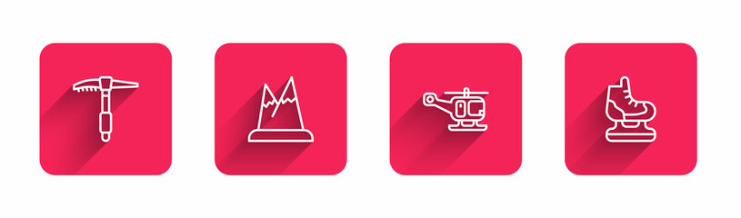 Set line Ice axe, Mountains, Rescue helicopter and Skates with long shadow. Red square button. Vector