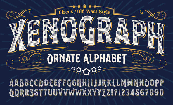 Xenograph ornate alphabet: an elegant old west alphabet with gold elements and engraved lines. Good for t-shirt artwork, tattoo parlor logos, circus, carnival and rodeo graphics, etc.