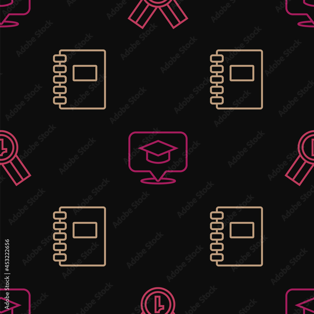 Poster set line medal, spiral notebook and graduation cap in speech bubble on seamless pattern. vector