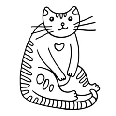 Playful kind fat cat. Doodle illustration of a pet. Line art sketch with funny cute kitty. Lovely cat drawing. Vector artwork
