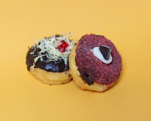 Donuts with various toppings. A delicious snack that is suitable to eat in your spare time. Potato-based donuts are healthy for your body if consumed in the right amount. Sweet and savory donuts.