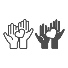 Obraz premium Two hands holding heart line and solid icon, dating concept, couple holds heart vector sign on white background, outline style icon for mobile concept and web design. Vector graphics.
