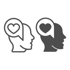 Man half face, head and heart in dialogue box line and solid icon, dating concept, love messege vector sign on white background, outline style icon for mobile concept and web design. Vector graphics.