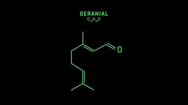 Geranial Skeletal Formula or Molecular Structure Symbol Neon Animation on black background