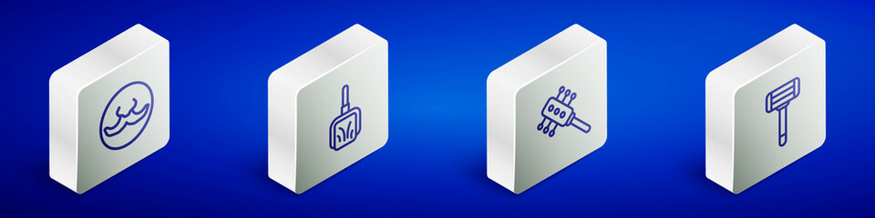 Set Isometric line Mustache, Dustpan, Hairbrush and Shaving razor icon. Vector