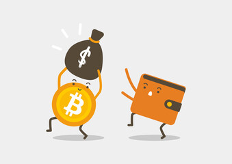 Bitcoin stole money from wallet. Cryptocurrency cartoon concept.