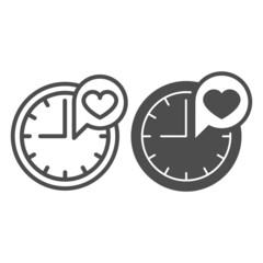 Clock and heart in dialogue box line and solid icon, speed dating concept, time for love vector sign on white background, outline style icon for mobile concept and web design. Vector graphics.