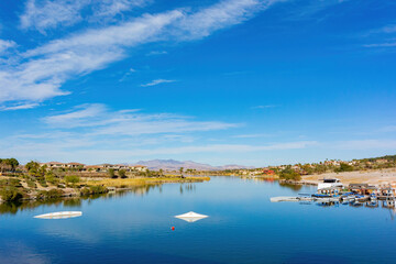 Naklejka na ściany i meble Sunny view of the lake landscape of Lake Las Vegas