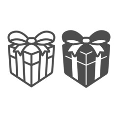 Wrapped gift box with ribbon bow, present line and solid icon, holiday concept, romantic gift vector sign on white background, outline style icon for mobile concept and web design. Vector graphics.