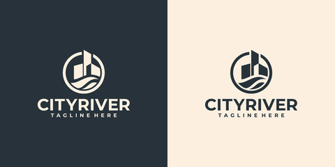 city river logo, building with water symbol logo design