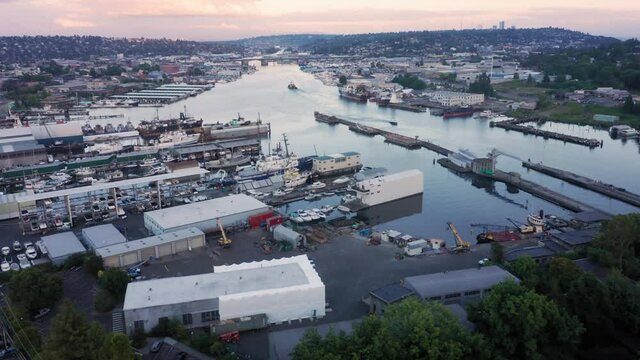 Aerial: Boats docked in Salmon Bay and Ballard (Hiram M. Chittenden) Locks. Seattle, Washington. USA