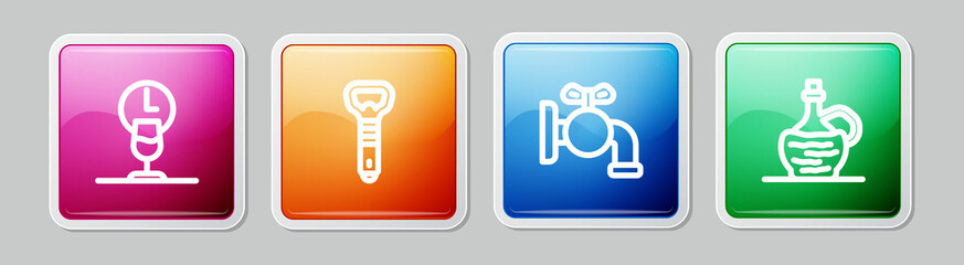 Set line Wine time, Bottle opener, Tap for a barrel and italian fiasco bottle. Colorful square button. Vector
