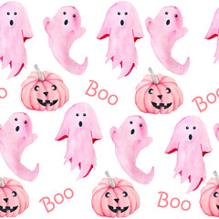 Hand drawn watercolor seamless pattern of Halloween ghosts apparitions and fall autumn pastel soft pink pumpkins with boo lettering. Horror goth gothic cards, invitation, Halloween design, prints