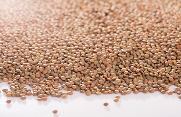 Fototapeta premium Closeup of raw lentil grains on white background. Concept of healthy and nutritious food
