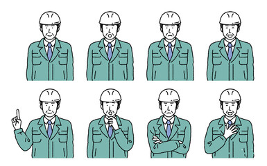 シンプルなタッチ　ヘルメットを被ったシニア世代の作業着の男性のイラストレーション