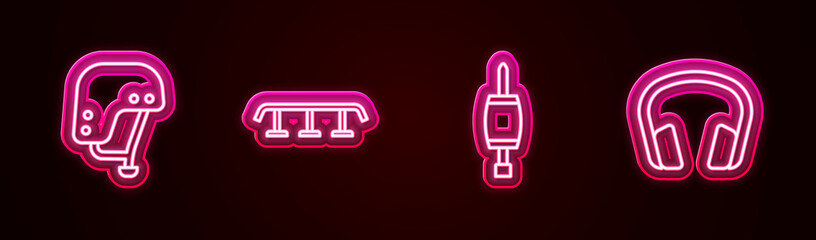 Set line Skateboard helmet, stairs with rail, Screwdriver and Headphones. Glowing neon icon. Vector