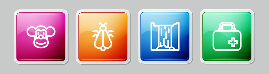 Set line Monkey, Mosquito, Waterfall and First aid kit. Colorful square button. Vector