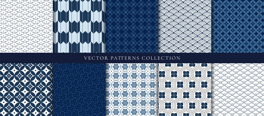 Japanese patterns vector. Geometric shape and ornamental vector patterns and swatches. Design for fabric , wallpaper, banners and cover background.