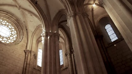 ALCOBACA, PORTUGAL - Jul 26, 2017: The panning shot of Interior of Alcobaca Monastery in Portugal