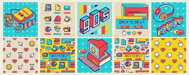Old computer aesthetic square poster and seamless pattern. Sticker pack of retro computer elements. Nostalgia pixel window. 1980s -1990s style. Cool retrowave user interface and desktop illustration. - obrazy, fototapety, plakaty
