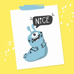 Cutе monster says “Nice”. Suitable for children’s party, posters, invitations, etc