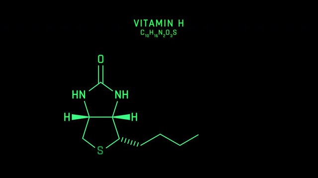 Vitamin H or Biotin Skeletal Formula or Molecular Structure Symbol Neon Animation on black background