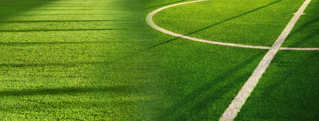 green grass of football field with white curve line sport competition banner background