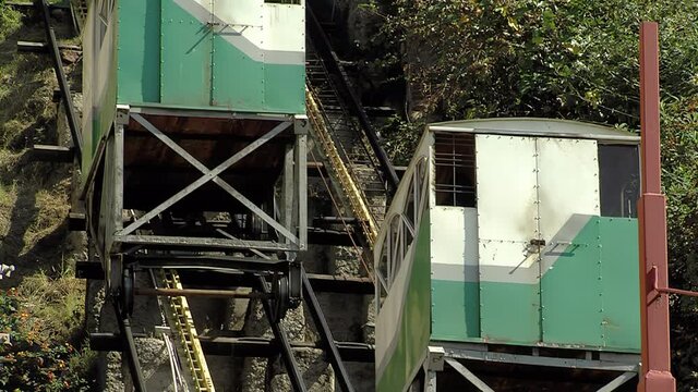 Cordillera Funicular Cars Passing Each Other on the Hillside Tracks of Valparaiso, Chile - 4K