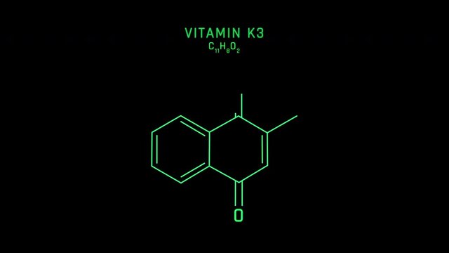Vitamin K3 or Menadione Skeletal Formula or Molecular Structure Symbol Neon Animation on black background