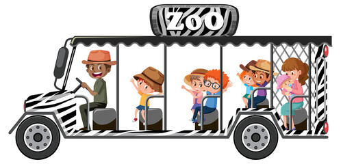 Zoo concept with children on tourist car isolated on white background