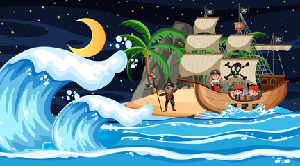 Island with Pirate ship at night scene in cartoon style